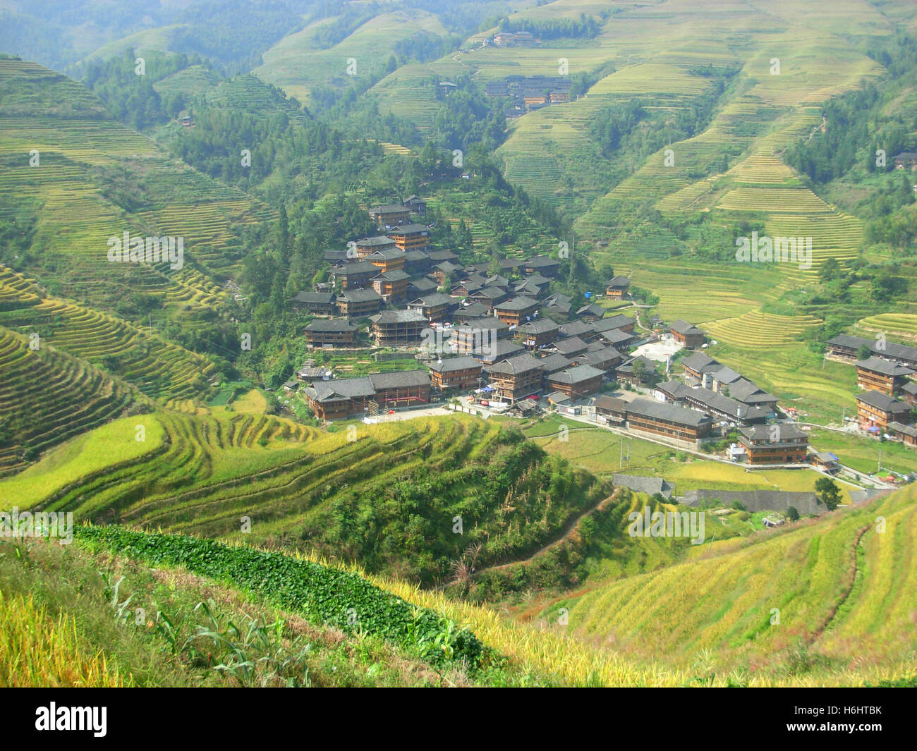 Luftaufnahme von Reisterrassen und hölzerne Häuser in Dazhai traditionelles Dorf, Guilin, Provinz Guangxi, China Stockfoto