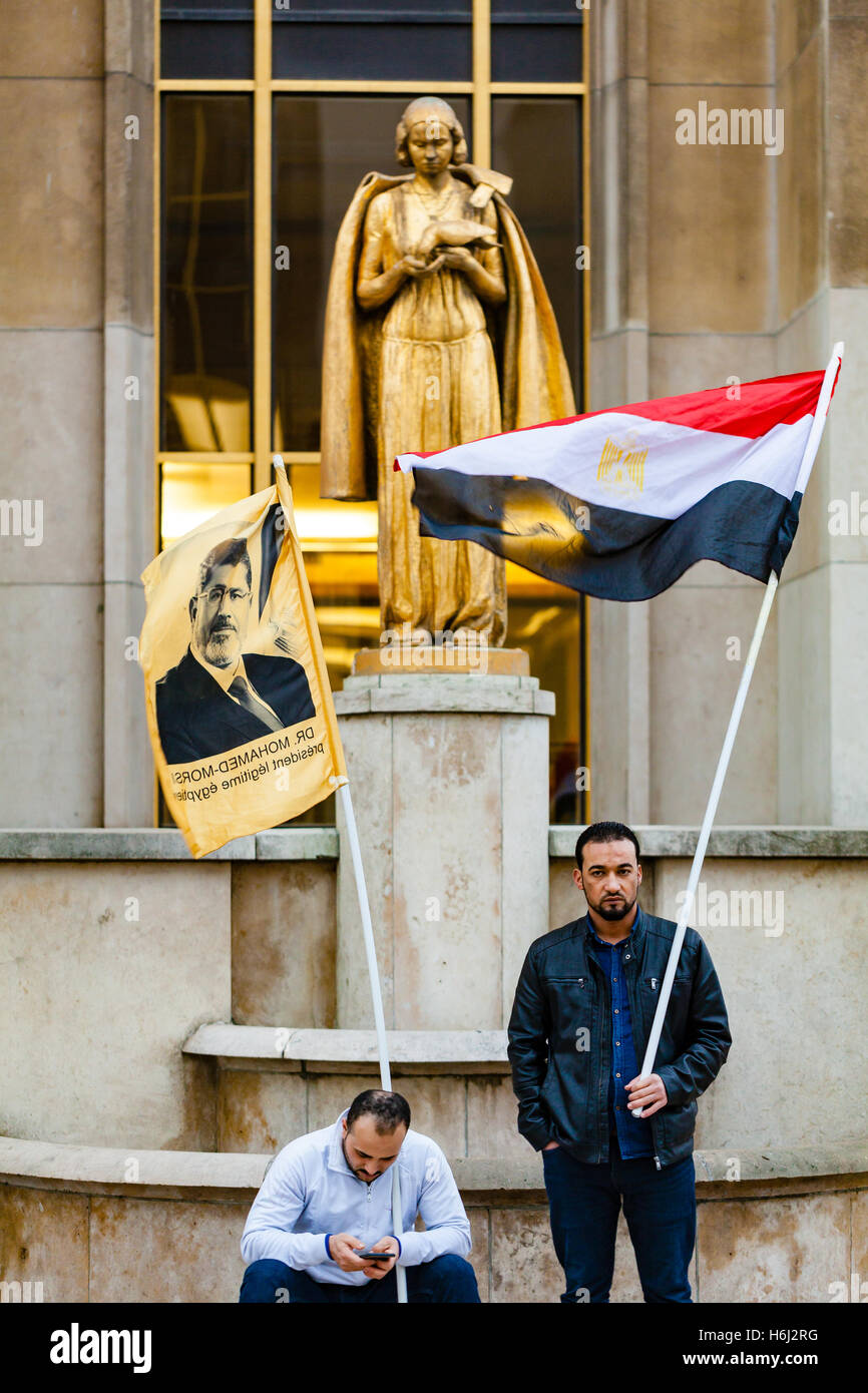 Paris, Frankreich - 28. Oktober 2016: Menschen protestieren am Trocadero nahe des Eiffelturms in Paris gegen Abdel Fattah as-Sisi Regierung in Ägypten. Sie hängen Fahnen von Rabia muslim-Bruderschaft. Bildnachweis: Guillaume Louyot/Alamy Live-Nachrichten Stockfoto