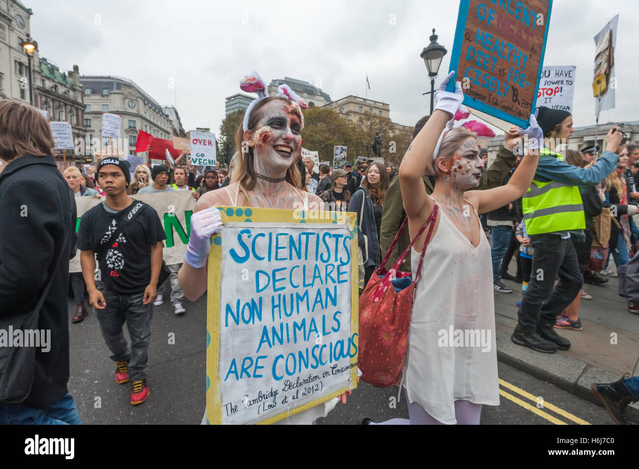 London, UK. 29. Oktober 2016. Hunderte von Veganern marschierten durch London zu einer Kundgebung in Parliament Square fordern ein Ende der Tötung von Tieren für menschliche nutzen. Der Marsch wurde von London Vegan Aktionen und Überspannungsschutz organisiert. Sie forderten ein Ende, das System der Ausbeutung und Tod von Tieren für Lebensmittel, Fell und Leder Tierversuche und für alle, auf eine vegane Ernährung zu ändern, die schrecklichen Anbaumethoden zu beenden und Treibhausgasemissionen. Peter Marshall/Alamy Live-Nachrichten Stockfoto