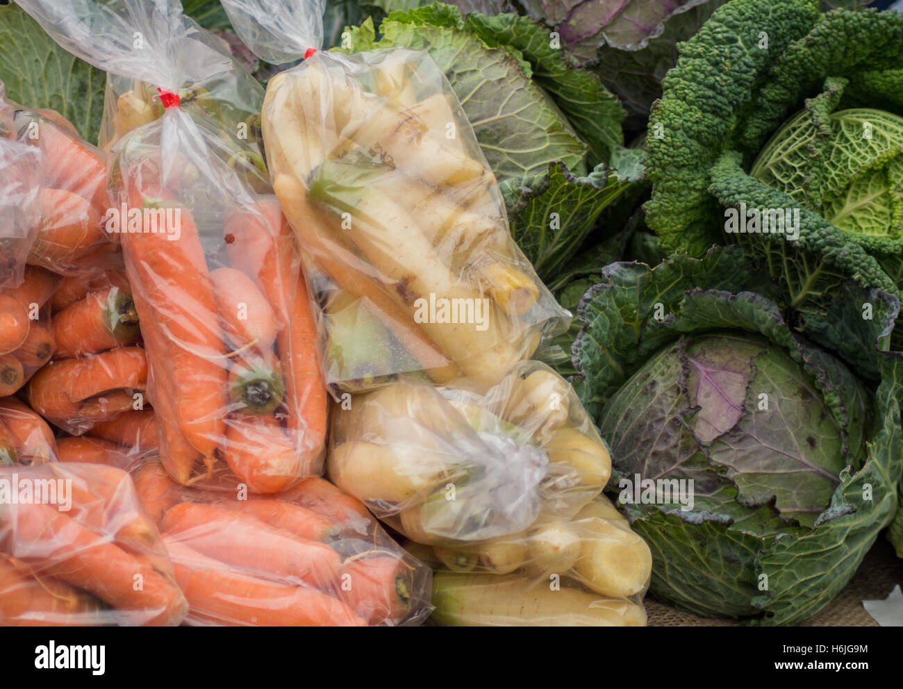 Gemüse für den Verkauf in Swansea Markt, Herbst 2016 - Karotten, Pastinaken, Kohl Stockfoto