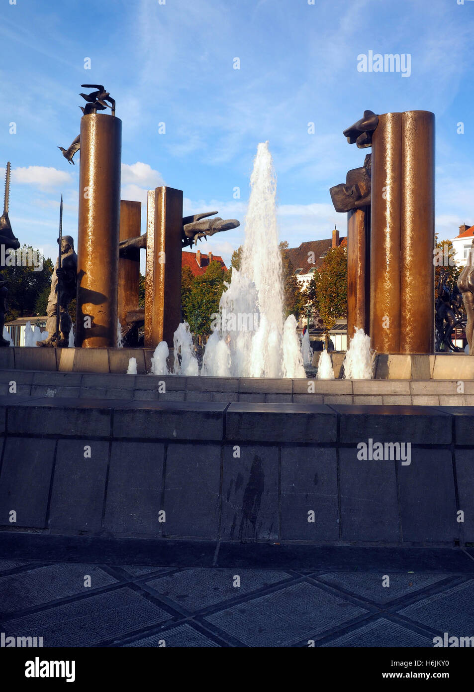 Zand Platz, Springbrunnen, Statue, Skulptur, Architektur, Brügge, Belgien, Stockfoto