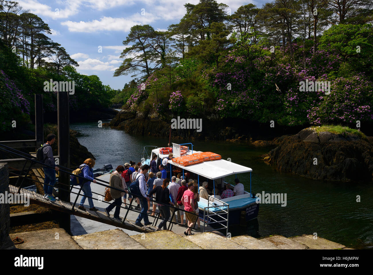 Menschen Touristen nehmen Fähre Boot Fähren garnieren Insel Ilnacullin Gardens cork Irland RM Floral Stockfoto