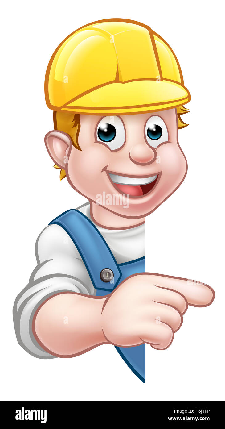 Handwerker, Baumeister, Mechaniker, Tischler, Elektriker oder Klempner Comicfigur im harten Hut zeigen Stockfoto