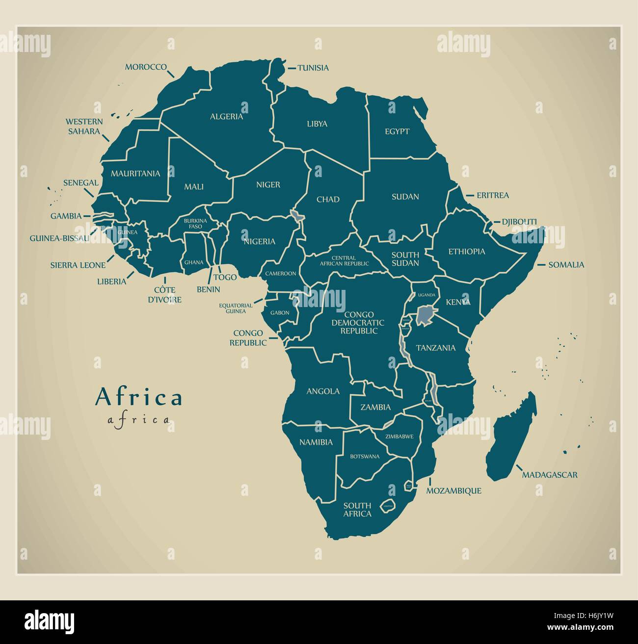 Moderne Karte - Afrika Kontinent mit Land-Etiketten Stock Vektor