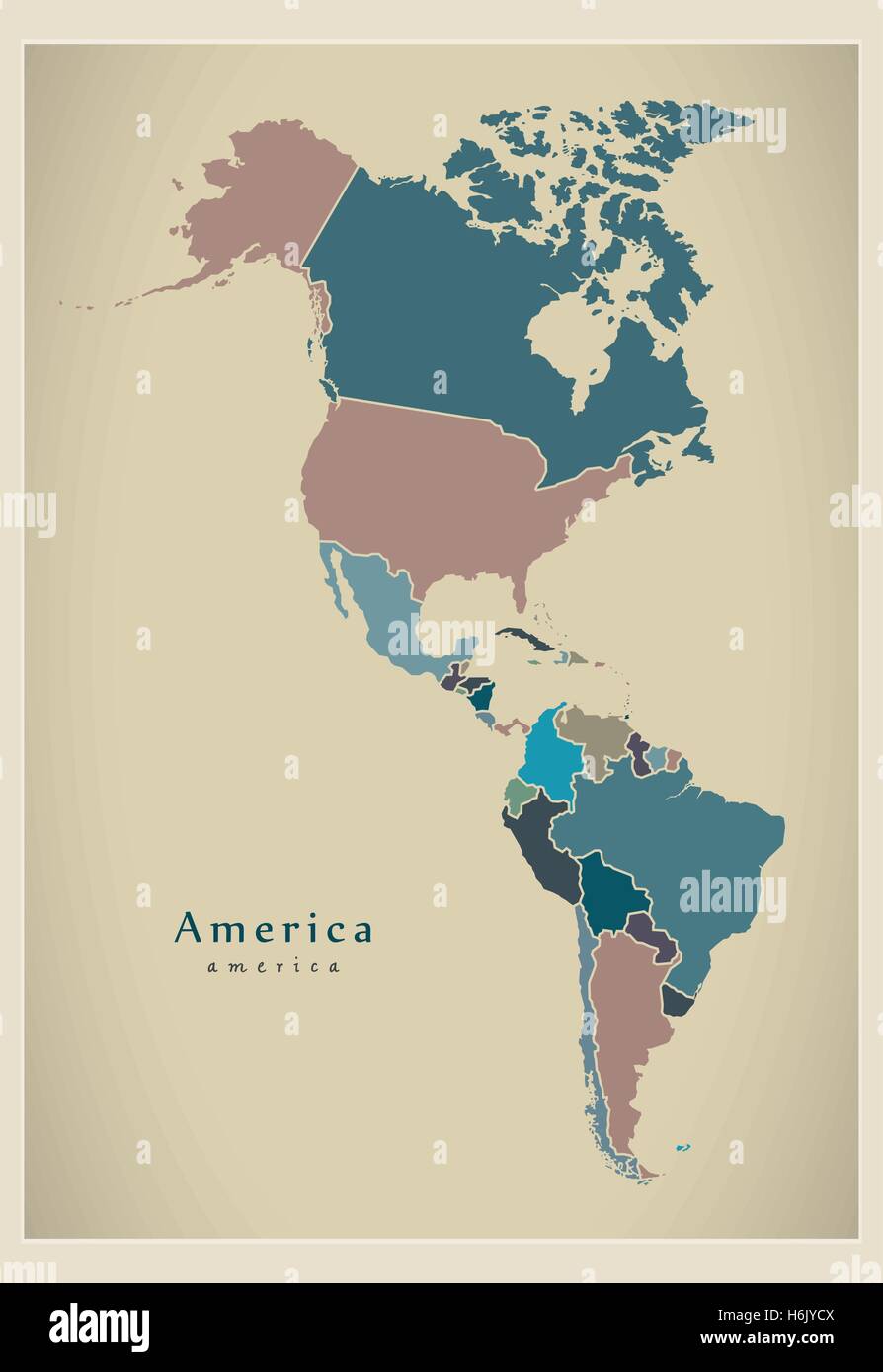 Moderne Karte - Amerika komplette Karte mit Ländern gefärbt Stock Vektor