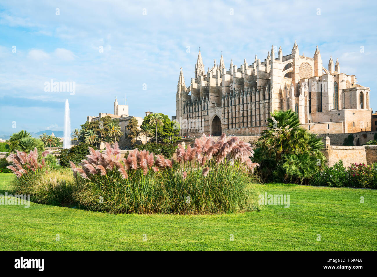 Spanien, Palma de Mallorca, Blick auf die Kathedrale mit einem Garten im Vordergrund Stockfoto