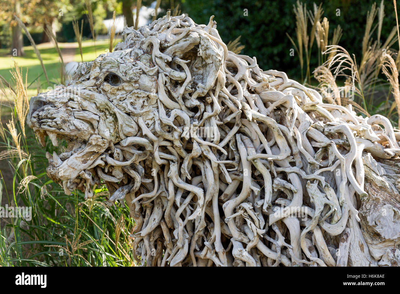 Treibholz Löwe Skulptur im Garten des The Oakley Court, Wasser Oakley, Windsor, Berkshire, England, Vereinigtes Königreich Stockfoto