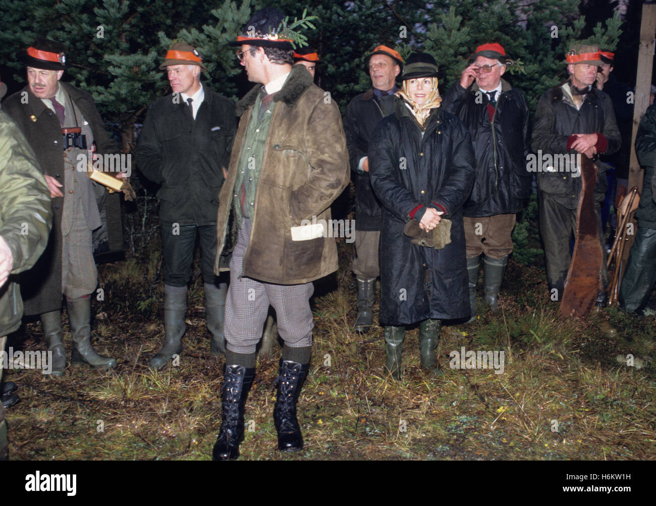 Königin SILVIA einsame Frau unter den Männern bei der königlichen Jagd 1990 Stockfoto