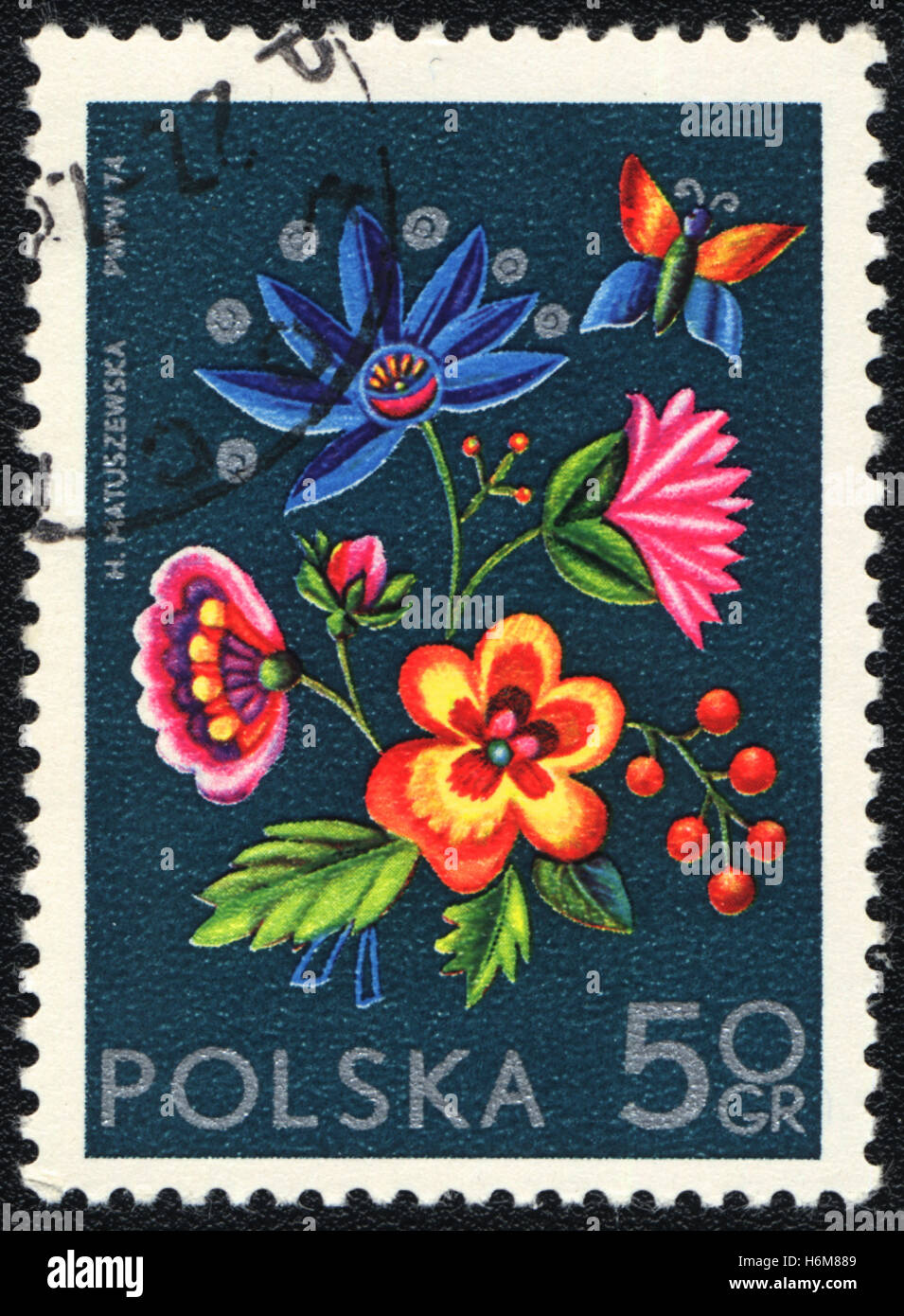 Eine Briefmarke gedruckt in Polen zeigt florales Design, 1974 Stockfoto