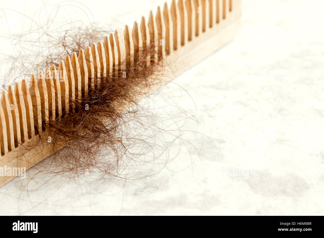 Haare auf hölzernen Kamm close up - Haar-Verlust-Problem-Konzept Stockfoto