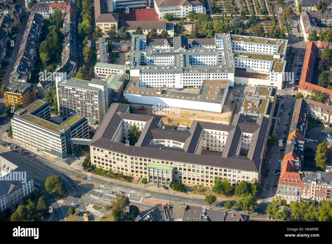 Luft Bild, Amtsgericht und Landgericht Essen, Wiederaufbau Gefängnis Essen, JVA, Essen, Ruhrgebiet, Stockfoto