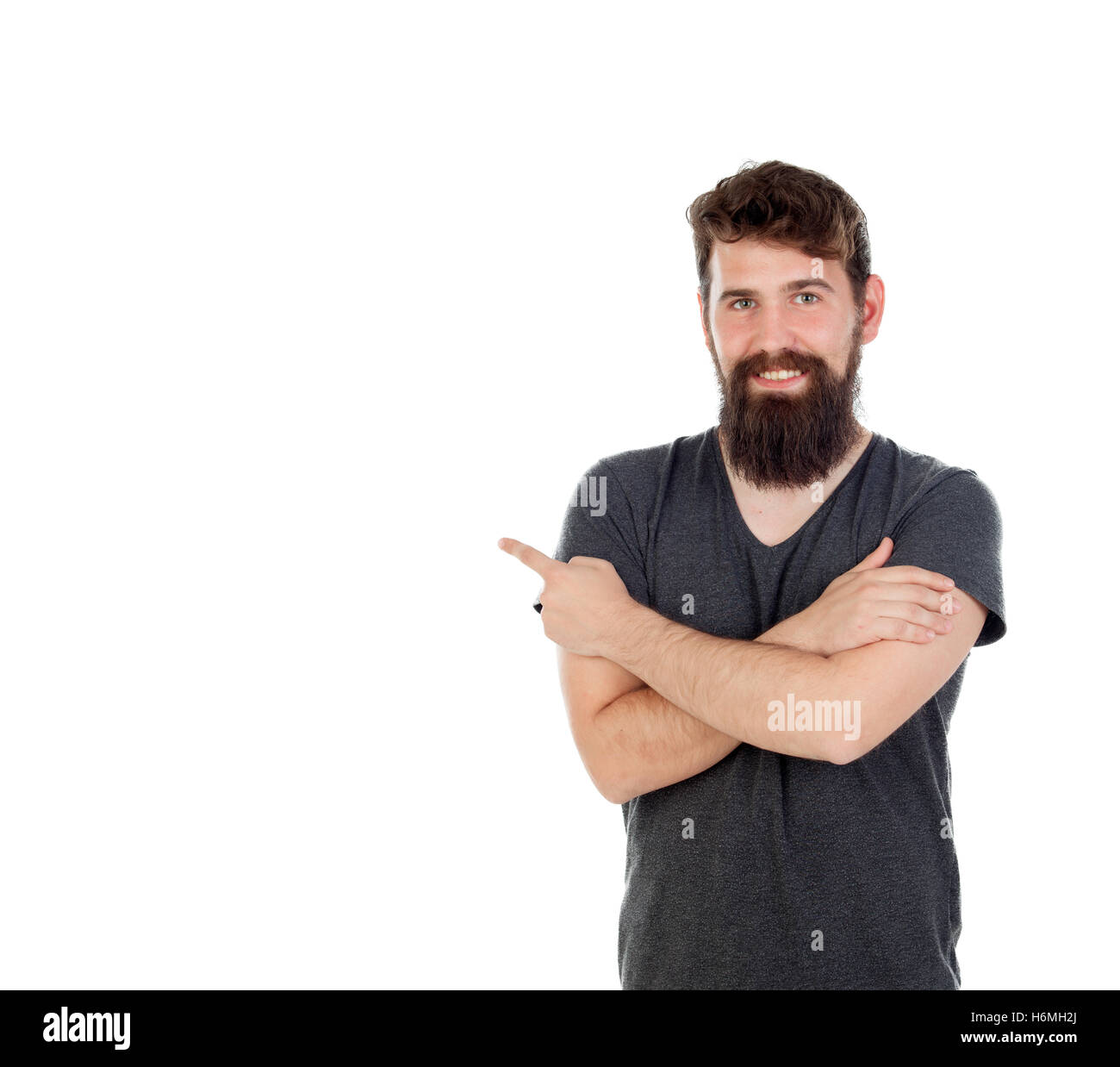 Nachdenklicher Mann mit langem Bart isoliert auf weißem Hintergrund Stockfoto