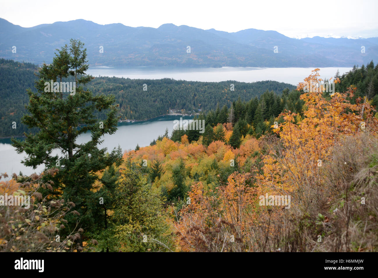 Blick auf den malerischen Harrison Lake, ein Resort östlich von Vancouver in den Coast Mountains, in der Nähe von Harrison Hot Springs, British Columbia, Kanada. Stockfoto