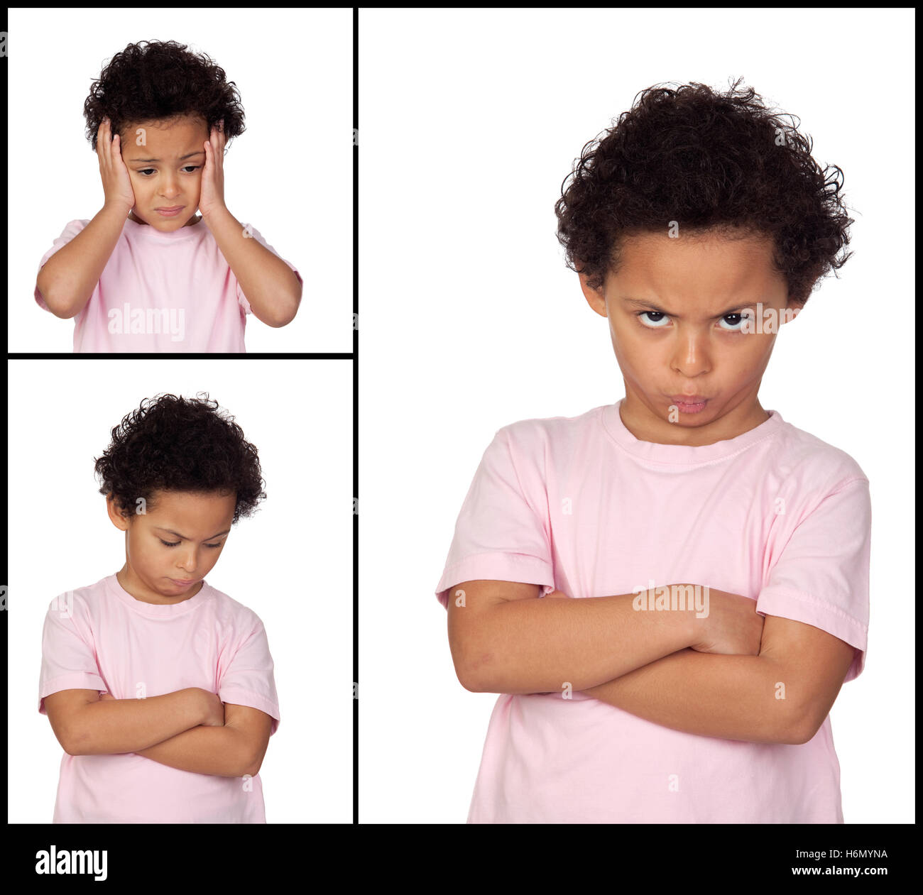 Drei Bilder von einem kleinen Mädchen mit Gesten ausdrücken Negativität isoliert auf weißem Hintergrund Stockfoto