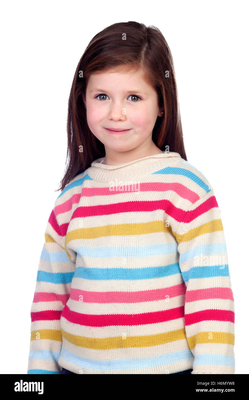Schöne schüchternes Kind isoliert auf weißem Hintergrund Stockfoto
