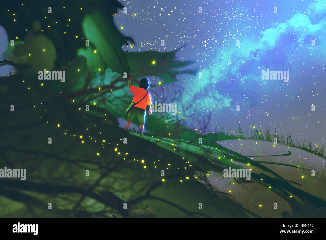 kleiner Junge steht auf riesige Blätter betrachten einen Nachthimmel, Illustration, Malerei Stockfoto