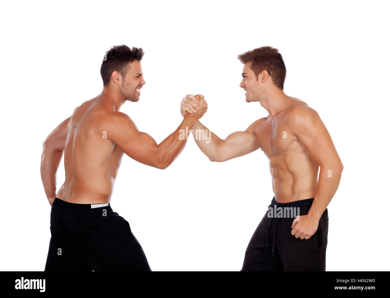 Paar schöne muskulöse Männer konkurrieren isoliert auf weißem Hintergrund Stockfoto
