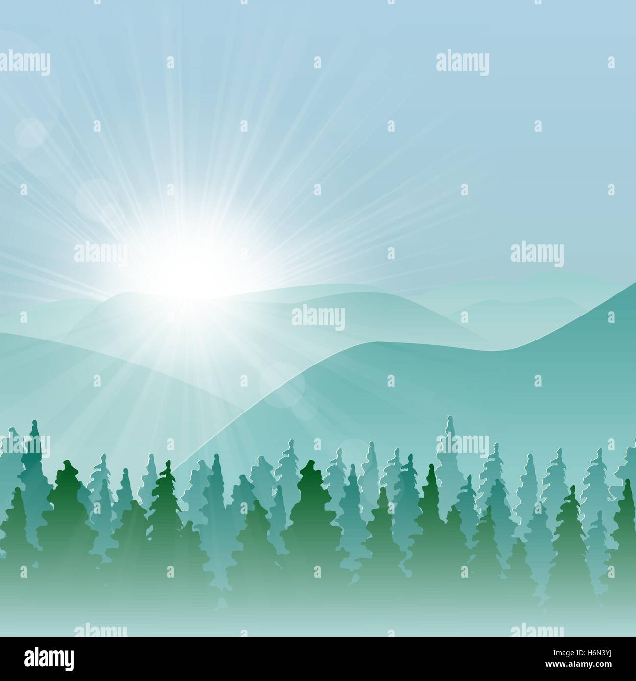 Wald-Hintergrund mit Tannen und Bergen und Morgensonne mit Strahlen. Stock Vektor