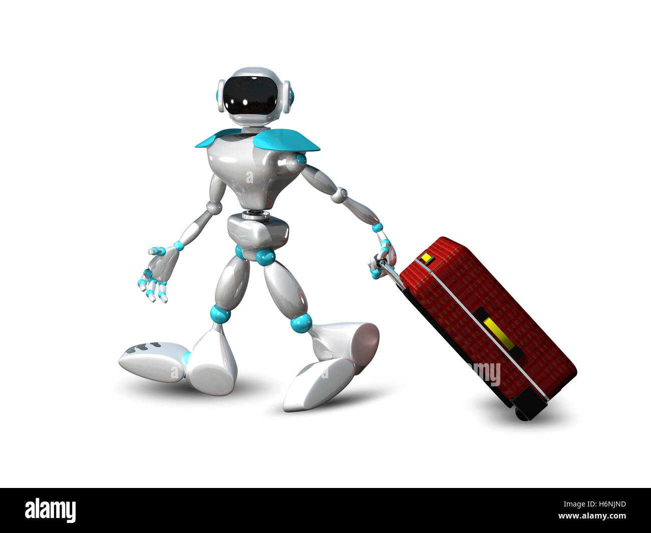 3D Abbildung eines Roboters mit Koffer Stockfoto