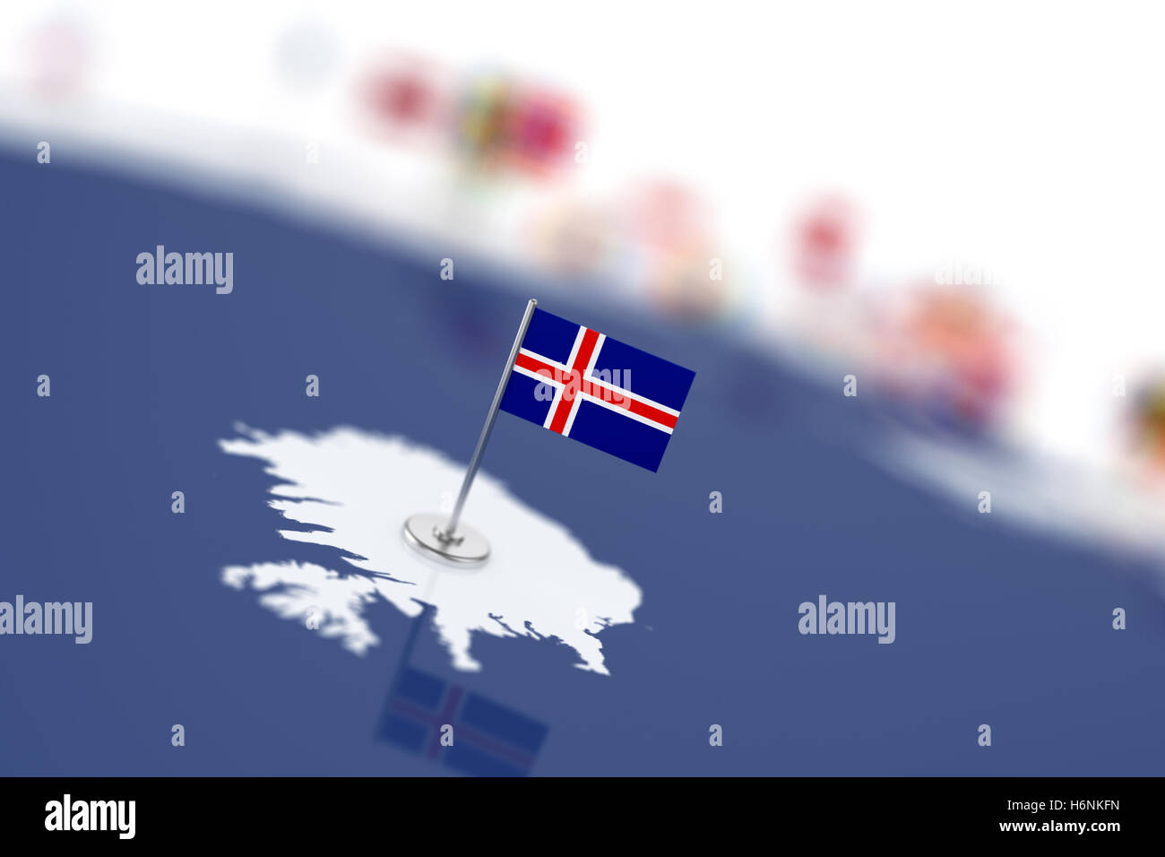 Island Flagge im Fokus. Europakarte mit Ländern Flaggen. Geringe Schärfentiefe Bereich Illustration-3D-Rendering isoliert auf weiß b Stockfoto