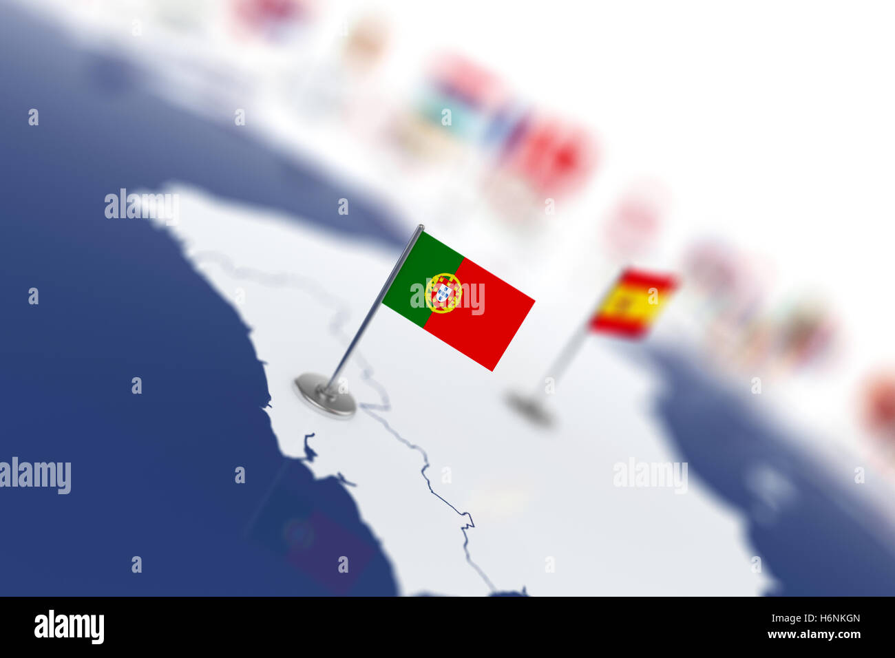 Portugal Flagge im Fokus. Europakarte mit Ländern Flaggen. Geringe Schärfentiefe Bereich Illustration-3D-Rendering isoliert auf weiss Stockfoto