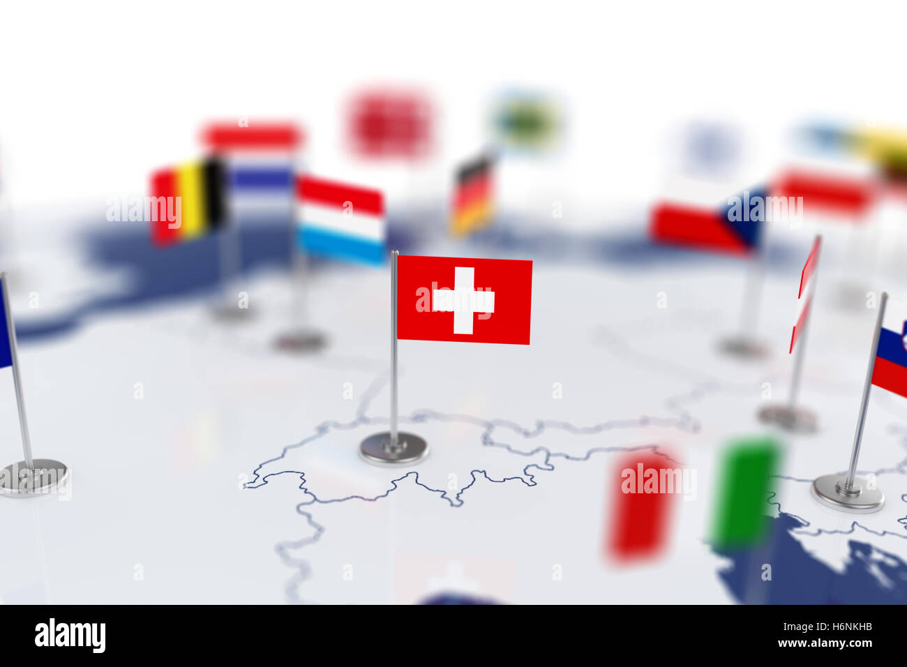 Schweizer Flagge im Fokus. Europakarte mit Ländern Flaggen. Geringe Schärfentiefe Bereich Illustration-3D-Rendering isoliert auf weißem bac Stockfoto