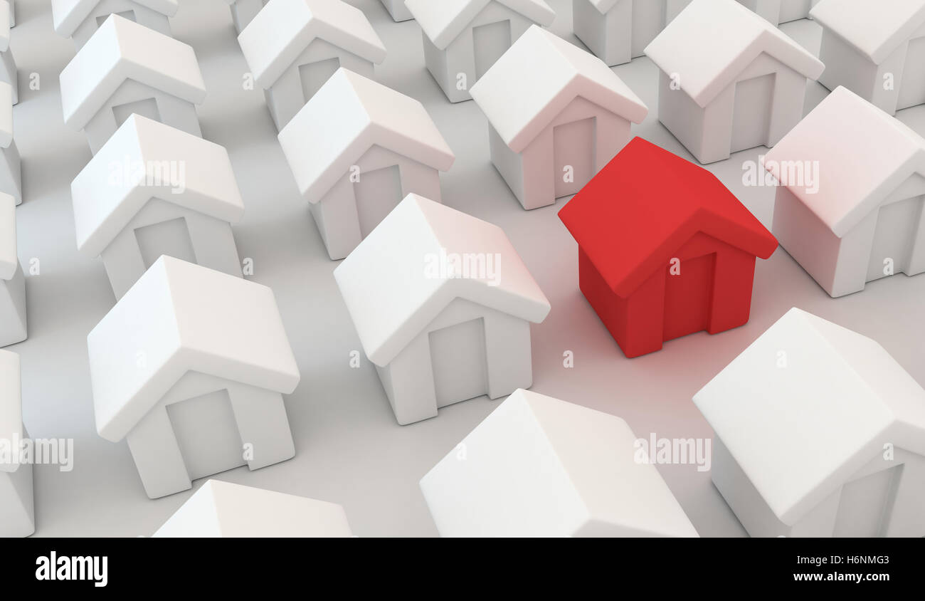 Zusammenfassung viele Häuser und einem roten Haus (in 3D-Rendering getan) Stockfoto
