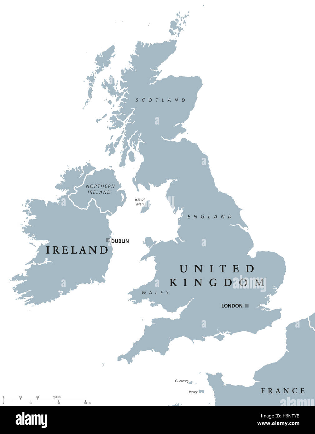 Irland und Großbritannien politische Karte mit Hauptstädten Dublin und London und nationale Grenzen hinweg. Graue Abbildung. Stockfoto