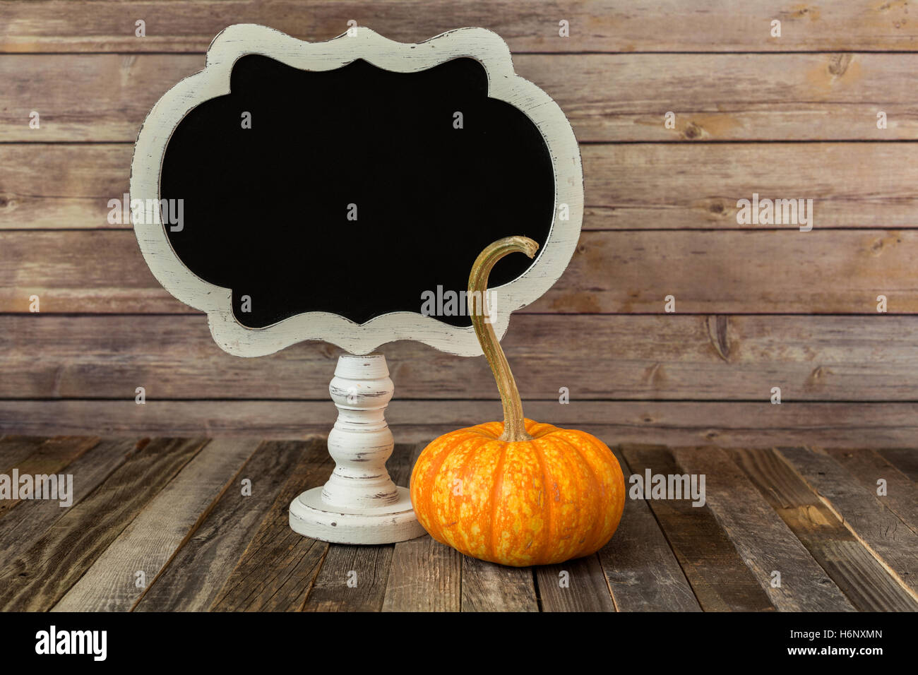 Dekorative Kürbis mit einem leeren Tafel-Schild Stockfoto