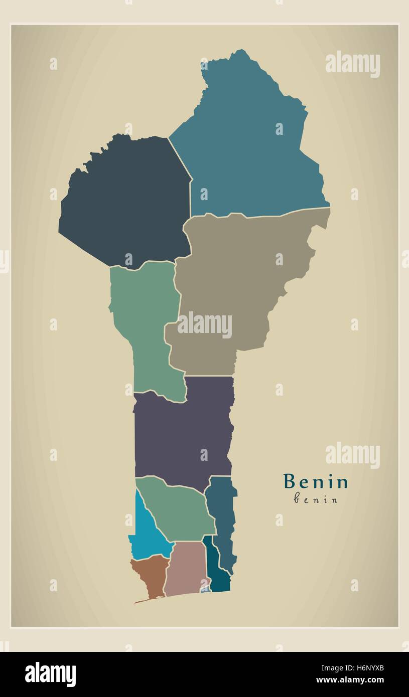 Moderne Karte - Benin mit Abteilungen farbig BJ Stock Vektor