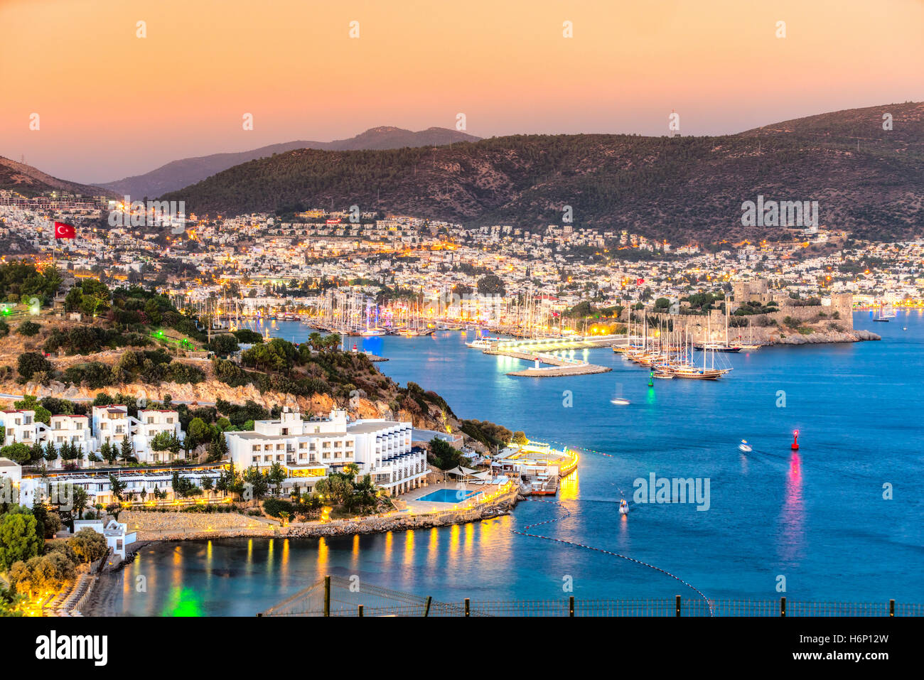 Blick auf Bodrum Burg und Yachthafen, Türkei Stockfoto