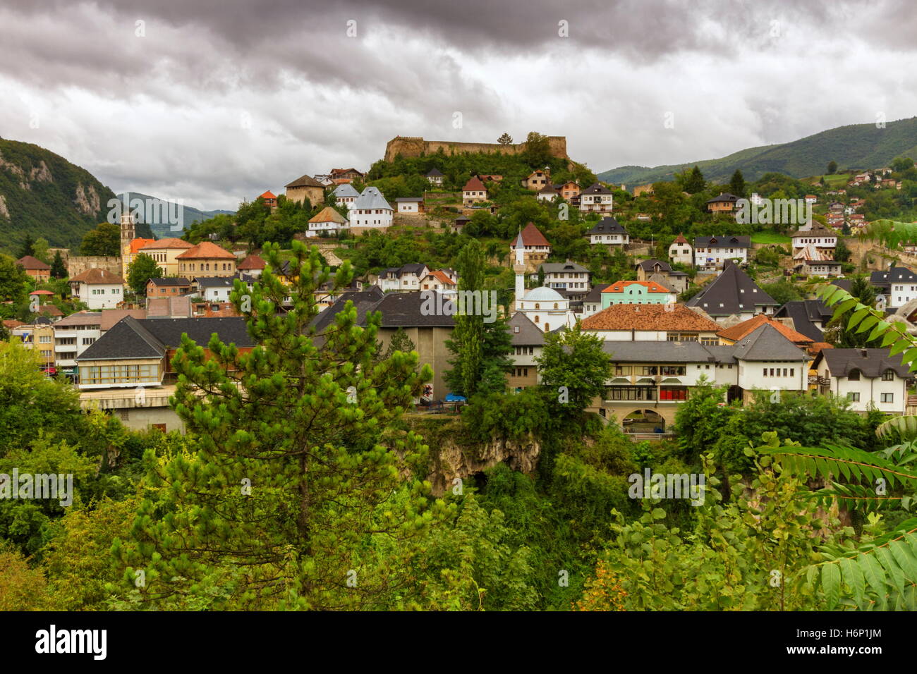 Blick auf Stadt Jajce, Bosnien und Herzegowina Stockfoto