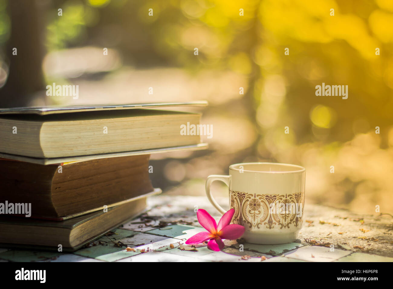 Tasse Kaffee mit Blume Schreibtisch, soft-Fokus-Hintergrund-Unschärfe-Buch Stockfoto