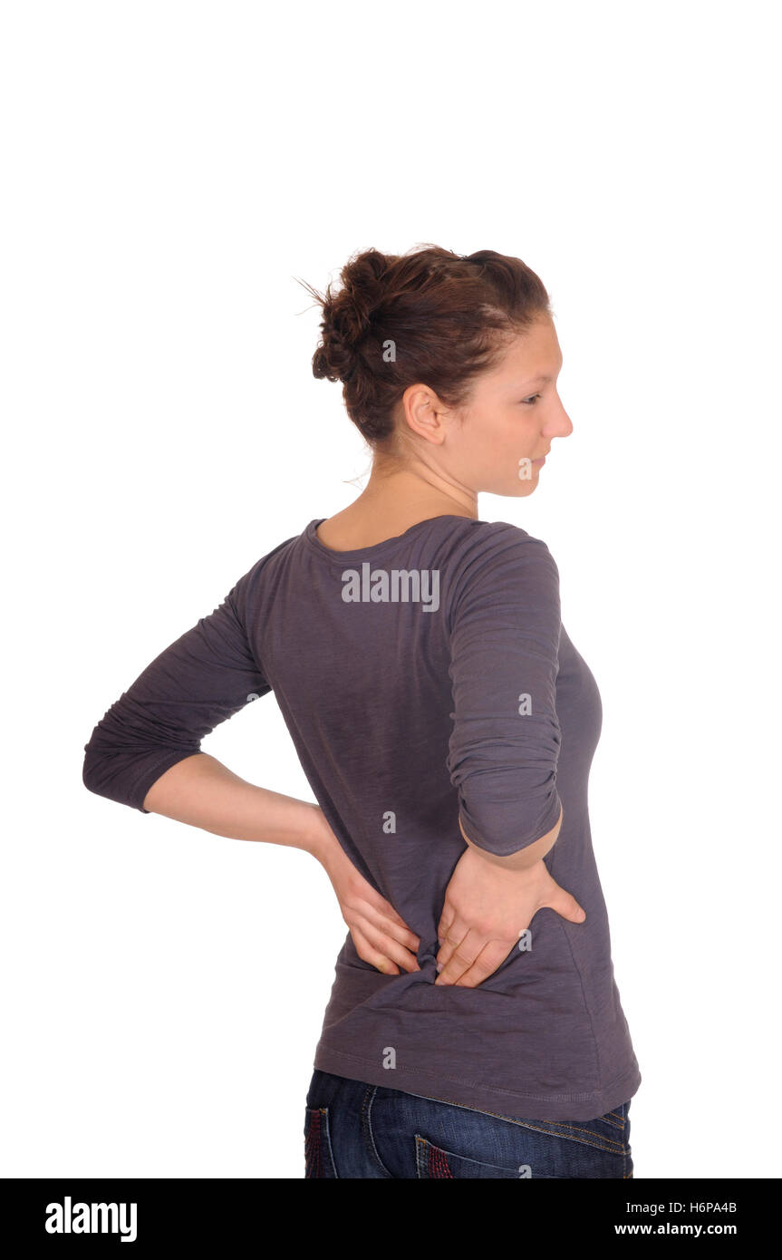 junge Frau hat Rückenschmerzen Stockfoto