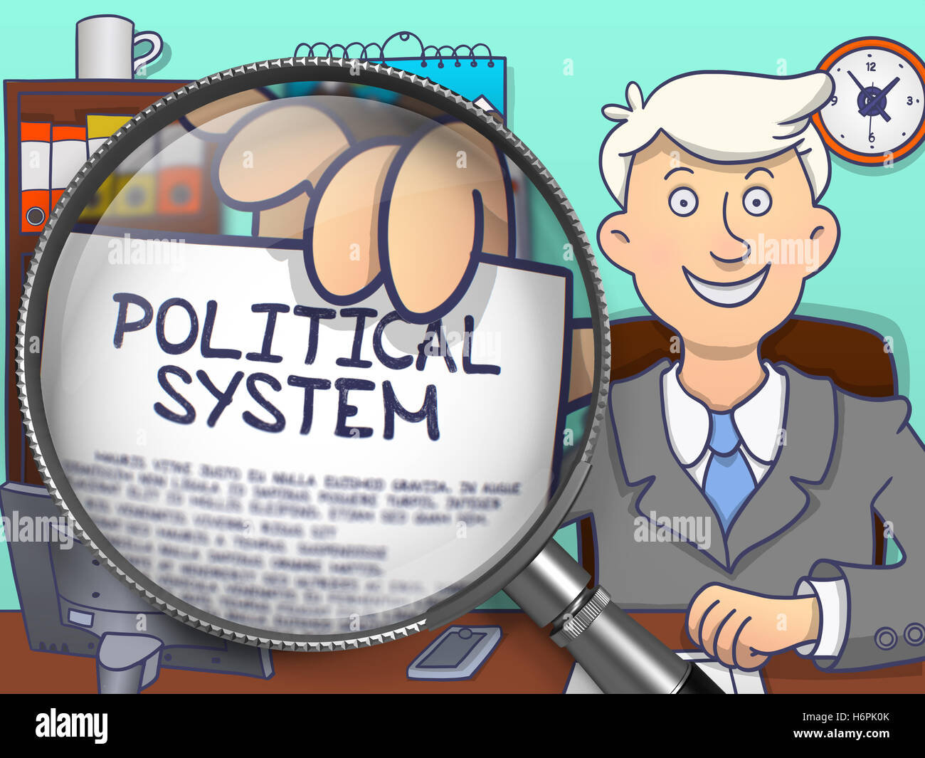 Politisches System durch Linse. Doodle-Konzept. Stockfoto