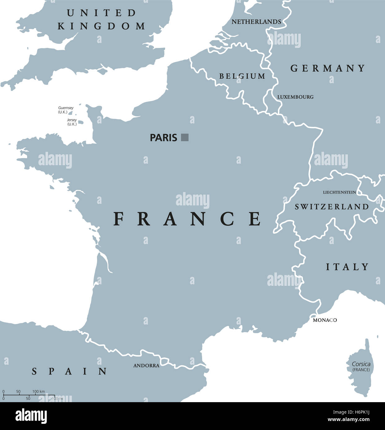 Frankreich politische Karte mit Hauptstadt Paris, Korsika, nationale Grenzen und Nachbarländern. Graue Abbildung. Stockfoto