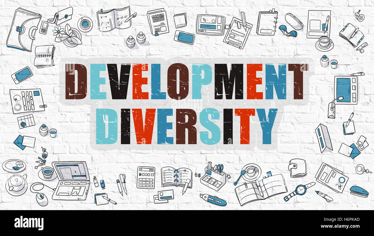 Entwicklung-Diversity-Konzept mit Doodle Design-Ikonen. Stockfoto