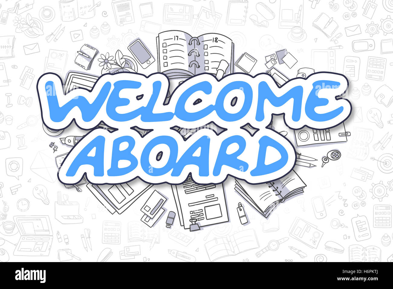 Willkommen an Bord - Doodle blauen Text. Business-Konzept. Stockfoto