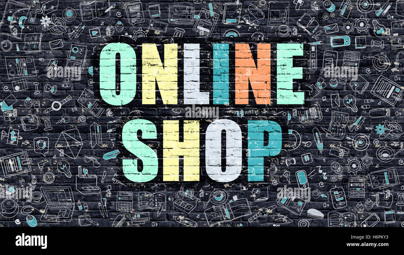 Online-Shop-Konzept mit Doodle Design-Ikonen. Stockfoto