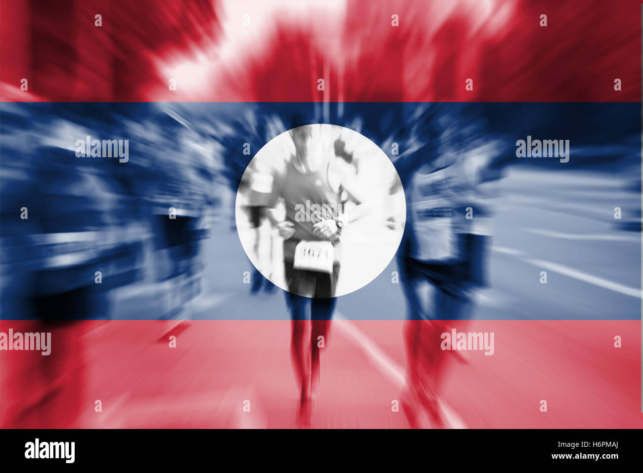 Marathon Läufer Bewegungsunschärfe mit blending Lao PDR-Flagge Stockfoto