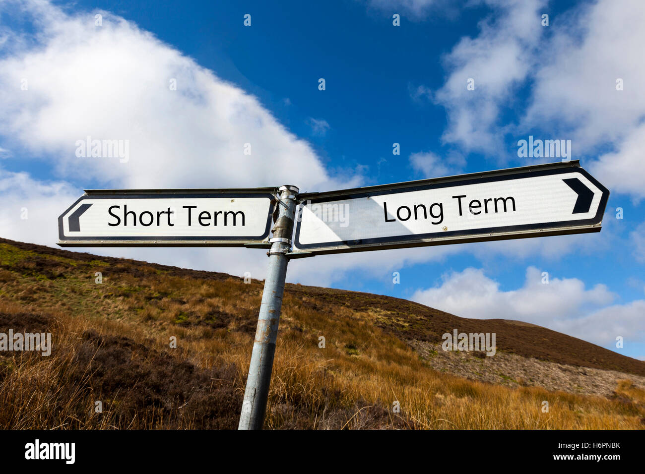 Kurzfristig, die lange Begriff Konzept Zeichen Wörter auf Anzeichen Wahl Auswahl Option wählen Optionen UK GB England Stockfoto