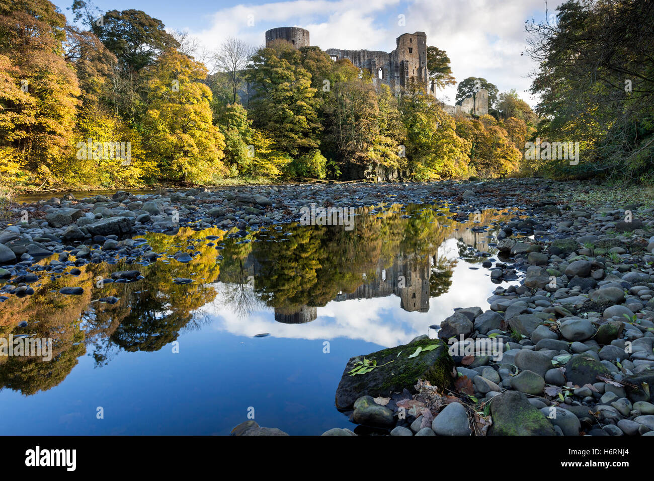 Barnard Castle, Teesdale, County Durham UK.  Dienstag, 1. November 2016, UK Wetter.  Herbstliche Bäume und die mittelalterlichen Ruinen der Barnard Castle spiegelt sich in den Fluss Tees am Nachmittag.  Bildnachweis: David Forster/Alamy Live-Nachrichten Stockfoto