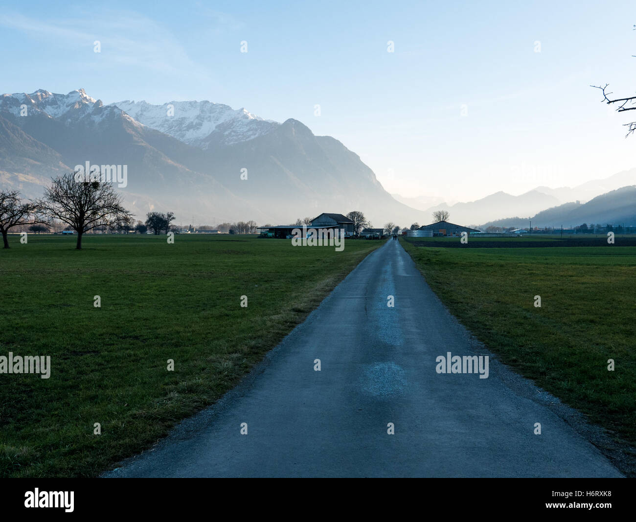 Straße durch eine Wiese und auf die Berge Stockfoto