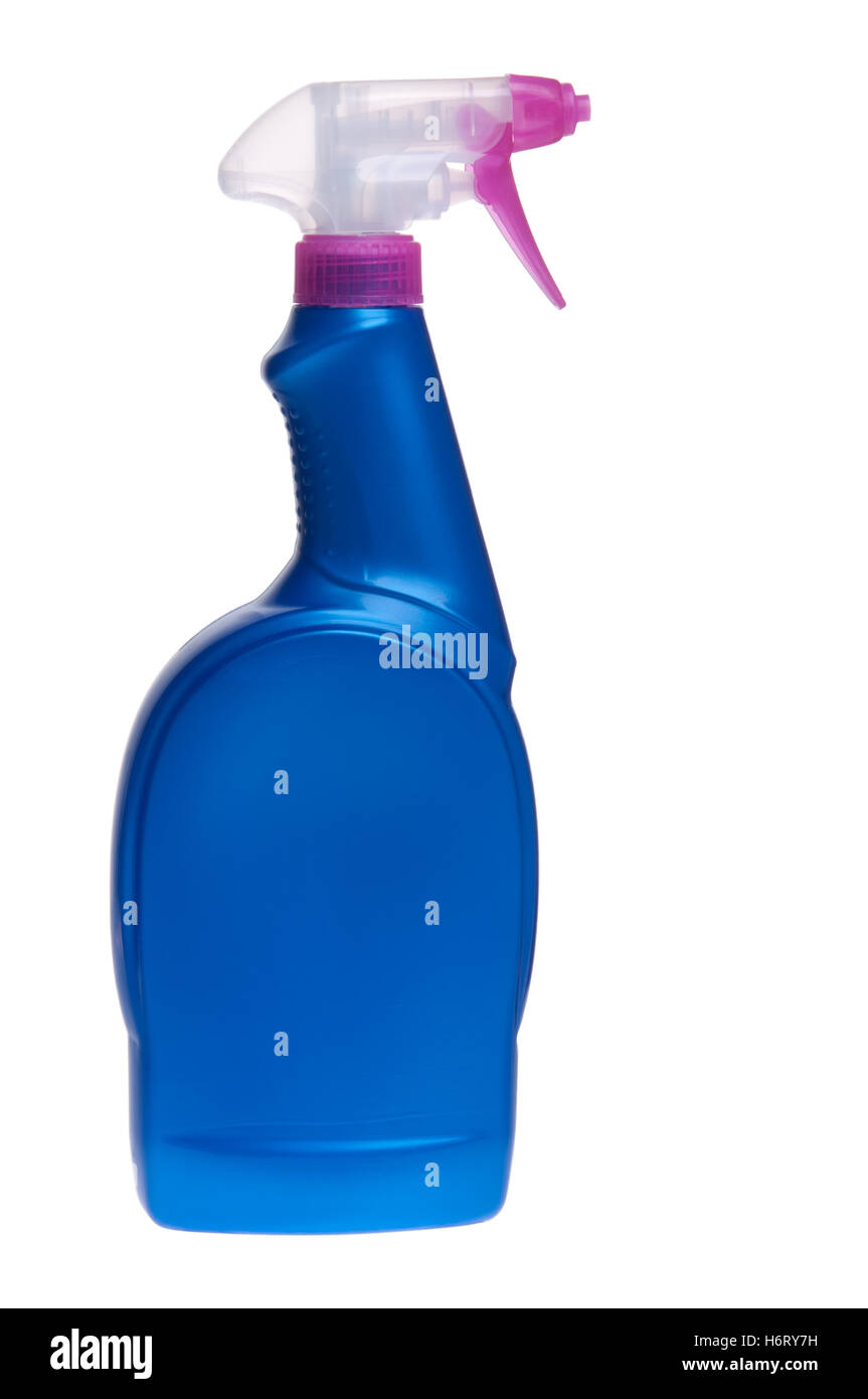isolierte Flüssigkeitsflasche Kunststoff synthetischen Material Spray Waschmittel saubere weiße Flüssigkeit blau Werkzeug Objekt flüssige isoliert Haushalt Stockfoto
