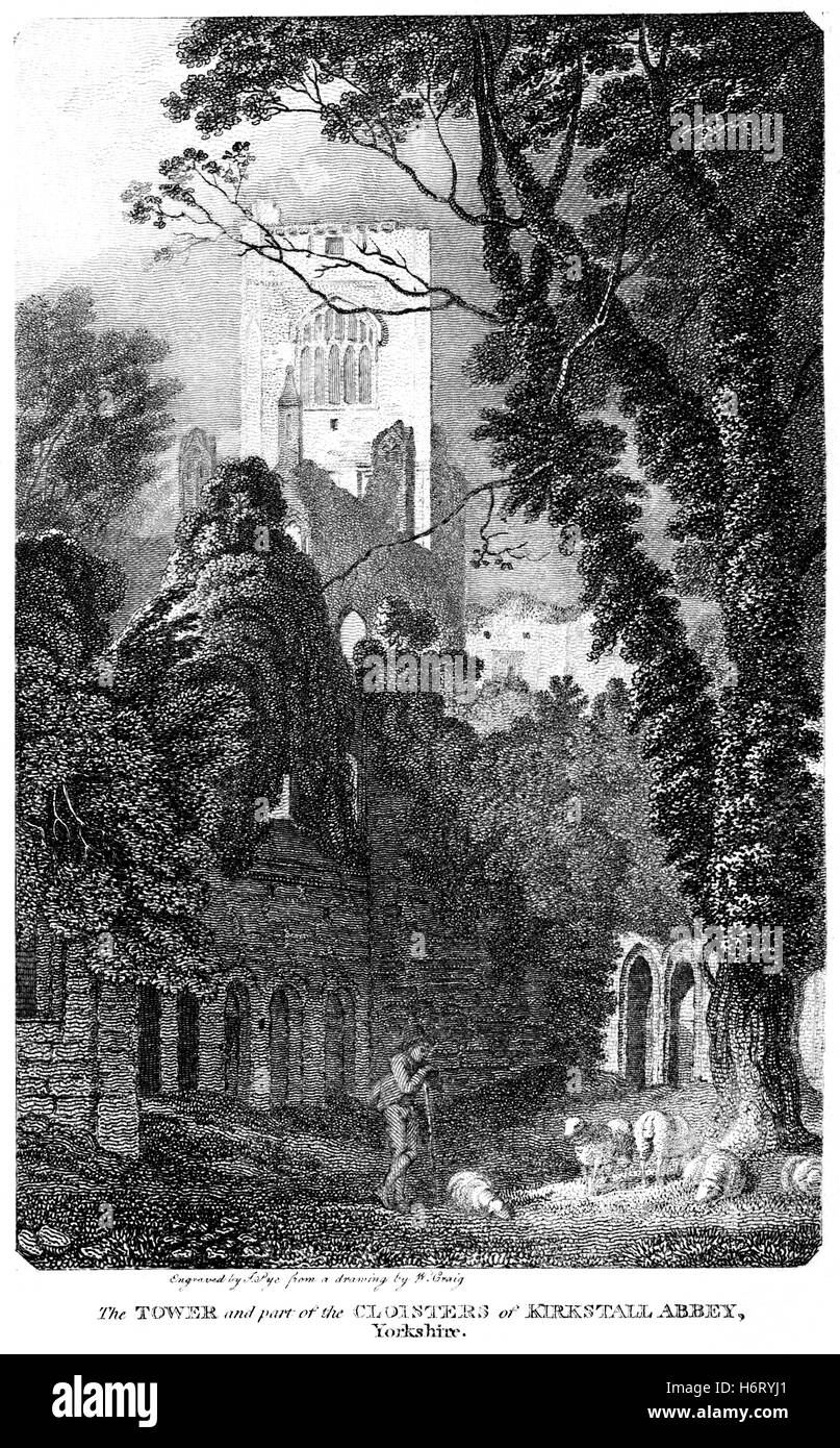 Eine Gravur der Kirkstall Abbey gescannt Yorkshire mit hoher Auflösung aus einem Buch, gedruckt im Jahre 1812. Kostenlos copyright geglaubt. Stockfoto