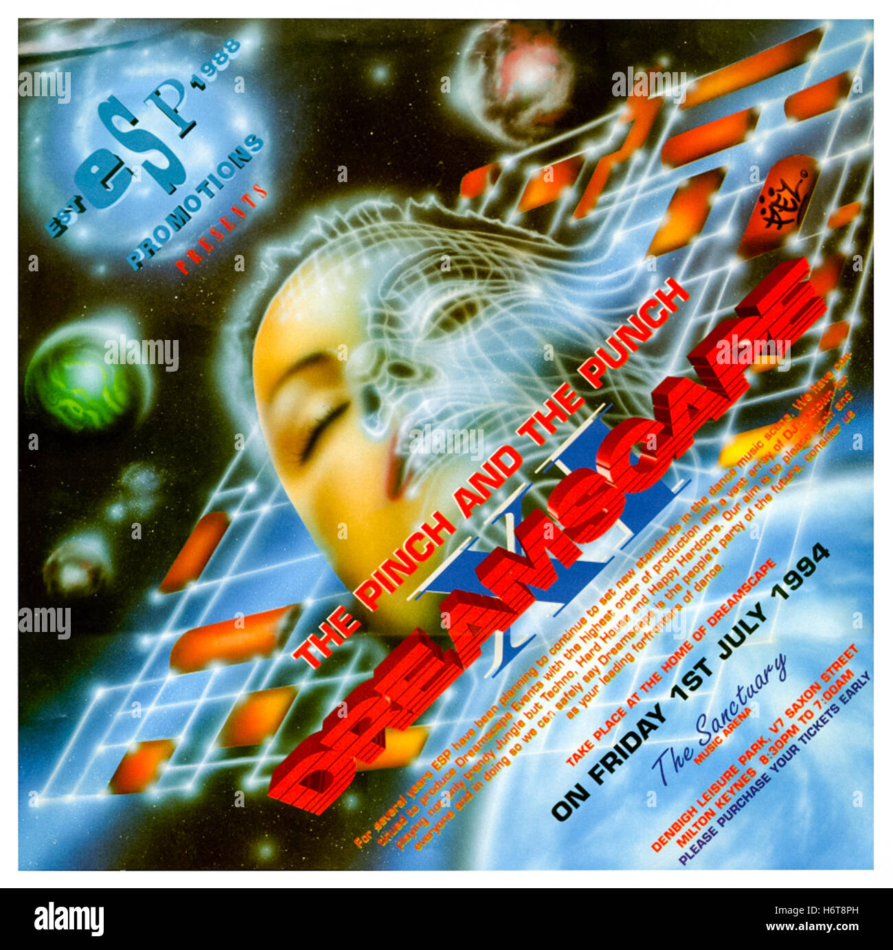 "Dreamscape XI die kneifen und den Stempel" 1. Juli 1994 schwärmen Flyer, dies war der elfte groß angelegte Rave von Promotoren Dreamscape organisiert und fand in The Sanctuary in Milton Keynes, England. Stockfoto