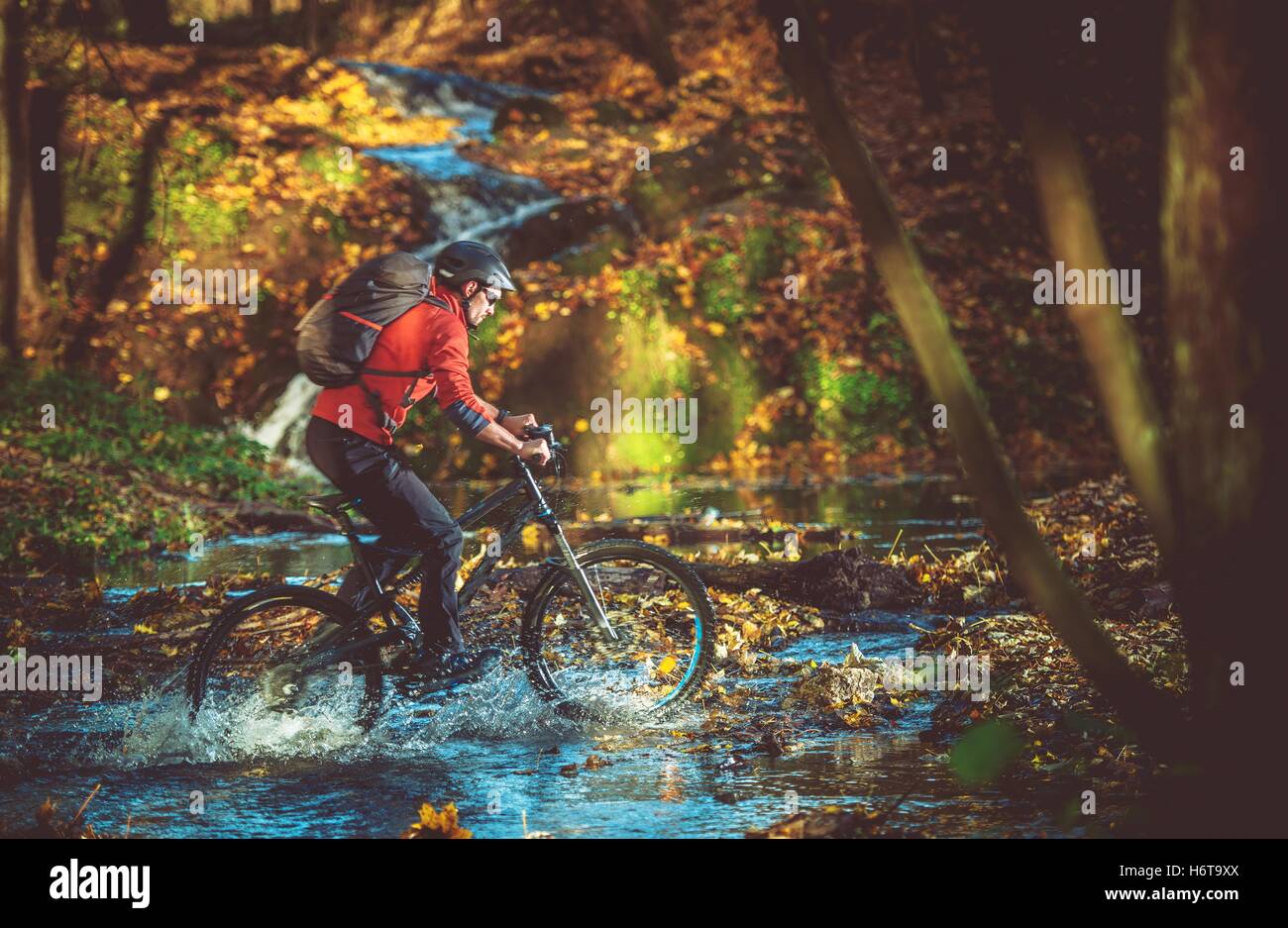 Radtour in den malerischen Herbst Laub Wald. Forest River Crossing. Kaukasische Mountainbiker. Stockfoto