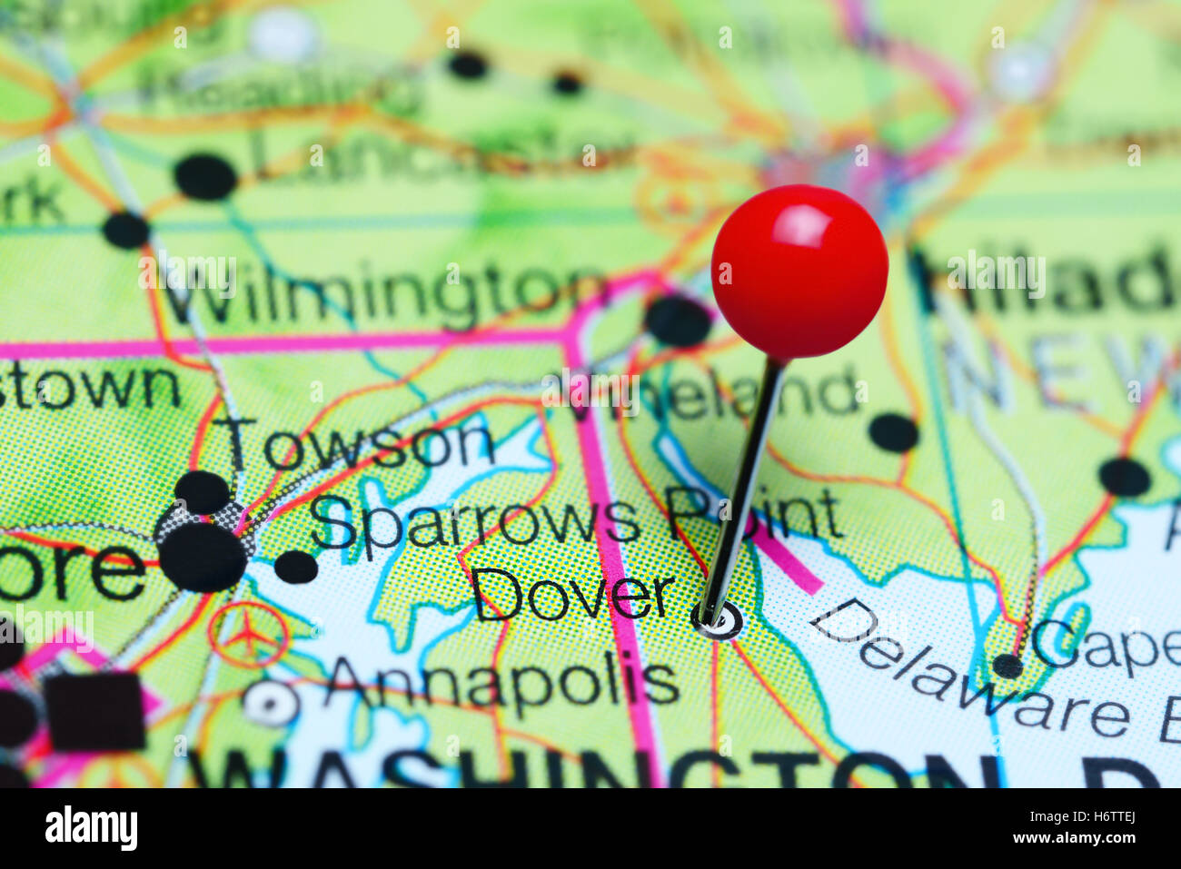 Dover, fixiert auf einer Karte von Delaware, USA Stockfoto