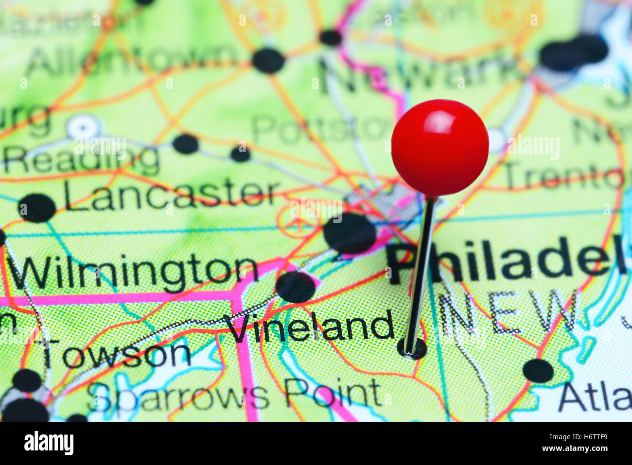 Vineland fixiert auf einer Karte von New Jersey, USA Stockfoto
