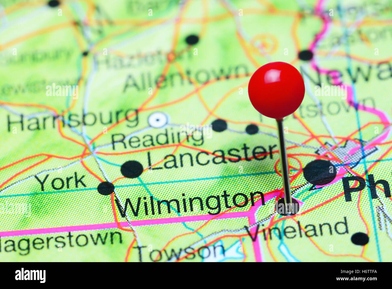 Wilmington, fixiert auf einer Karte von Delaware, USA Stockfoto